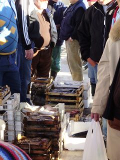 Le cassette vengono predisposte in fila davanti il banco del banditore nella piazza Scalo di Bruca di Marinella di Selinunte